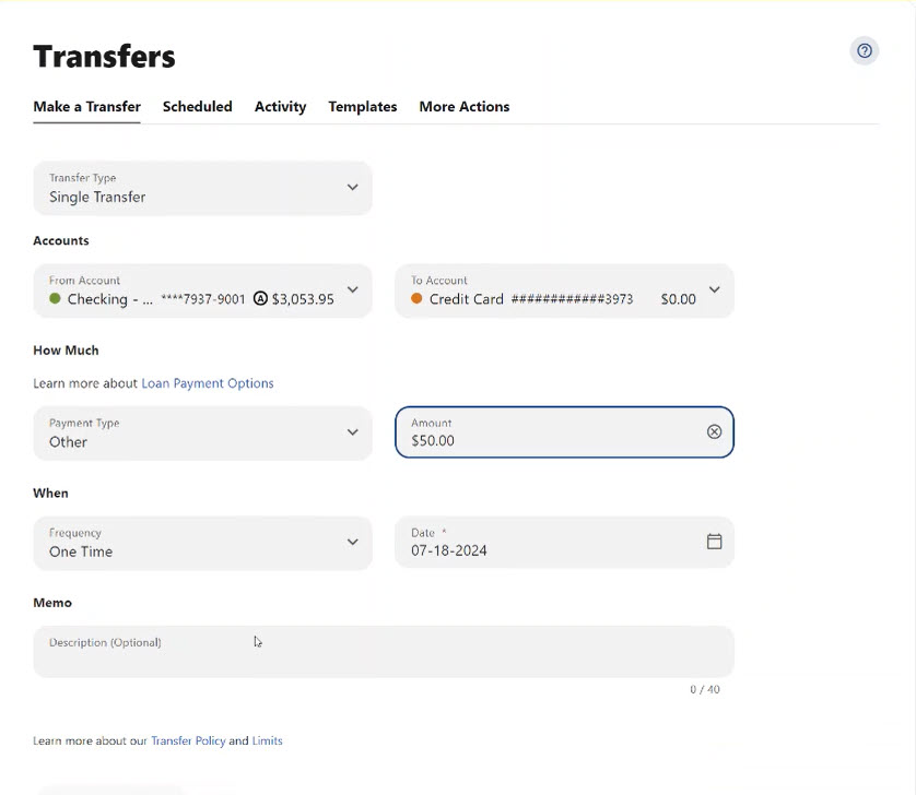 Online banking credit card payment screen